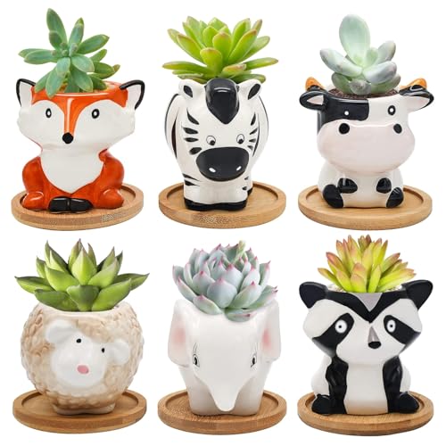 Photken Small Ceramic Succulent Pots - 6 Pack 3" Cartoon Animal Shape Planters Indoor & Outdoor with Drain Holes and Bamboo Tray for Succulents, and Herbs - style: Garden
