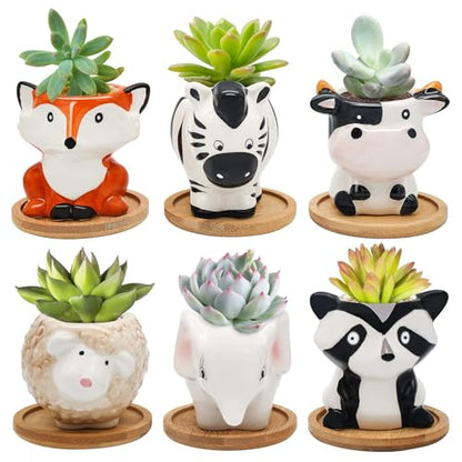 Photken Small Ceramic Succulent Pots - 6 Pack 3" Cartoon Animal Shape Planters Indoor & Outdoor with Drain Holes and Bamboo Tray for Succulents, and Herbs - style: Garden
