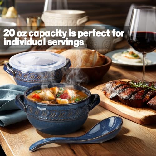 French Onion Soup Bowls with Handles and lids & Spoons, 20 Oz Ceramic Soup Crocks Oven Safe Serving Bowls for Chili, Beef Stew, Cereal, Pot Pies, Embossment, Set of 4, Blue (Willow Leaf) - color: Blue (Willow Leaf)
