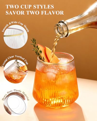 BESTSTAR 48Pack Gold Rim Disposable Ribbed Origami Ripple Plastic Glasses | 24 9 OZ Stemless Champagne Flutes & 24 12OZ Cups, BPA-Free Shatterproof Clear Drinkware for Weddings, Parties & Events - color: Clear Gold Rim Ribbed