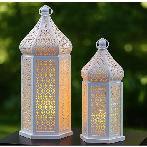 VELA LANTERNS Large Temple Tower Moroccan Lantern Lamp Decorative Candle Holders for Ramadan Decorations, Hanging, Outdoor Patio or Porch, Indoor Home Decor, Weddings, White, Set of 2 - color: White