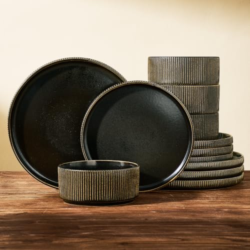 Stoneware Dinnerware Set for 4, Reactive Glaze, Black Gold | 12 pcs Ceramic Plates and Bowls, Handmade Ribbed Dishes, Everyday Use, Microwave & Dishwasher Safe, Chip & Scratch Resistant - color: Black/Gold, size: Service for 4 (12pc)