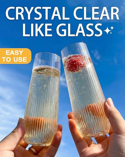24 Pack Plastic Champagne Flutes, 9 Oz Disposable Wine Mimosa Glasses | Ribbed Stemless Champagne Flutes Cocktail Glasses, Plastic Cups for Bridal Shower Bachelorette Party Mimosa Bar - color: Ripple-24 Pack