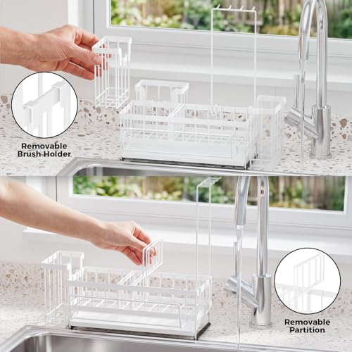 Kitchen Sink Organizer, Stainless Steel Sponge Holder, White | Rust-Resistant Steel, Detachable Draining Board, Compartment Divider, Brush Holder & Towel Bar, Ideal for Kitchen Storage - color: White