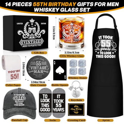 55th Birthday Gifts for Men Whiskey Glass Set, 55th Birthday Party Supplies with 11 Oz Whiskey Glass Coaster Stone Baseball Cap Apron Sock Toilet Paper Keychain for Him, Dad, Husband, Friends - style: 55th Birthday