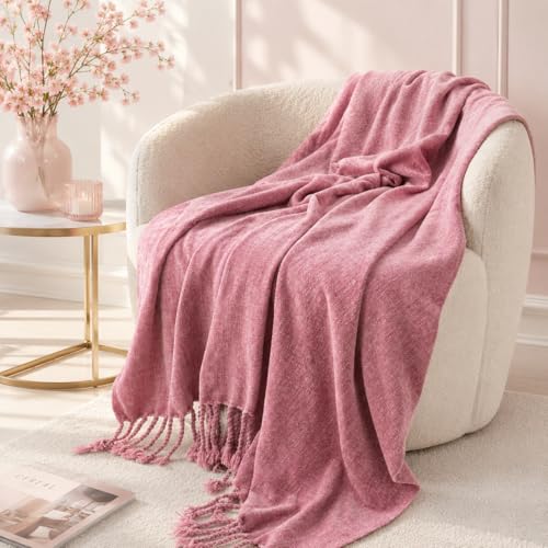 BATTILO HOME Pink Chenille Throw Blanket for Couch, Soft Cozy Textured Knit Throw Blanket with Handmade Fringe Tassels, Lightweight Decorative Farmhouse Blanket for Sofa Bed Chair, 50"x60" | Soft Chenille Knit with Handmade Fringe Tassels, Lightweight, Co