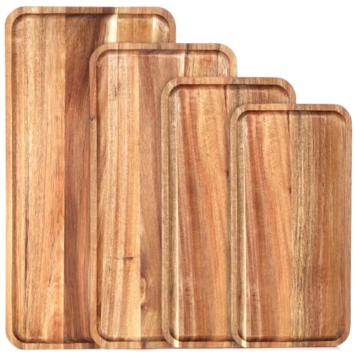 Leinuosen 4 Set Acacia Wooden Serving Platter Solid Wood Serving Trays Rectangular Charcuterie Boards Steak Wooden Plates for Entertaining Party Display Cheese Appetizer (10x5/12x6/14x7/16x8 in)
