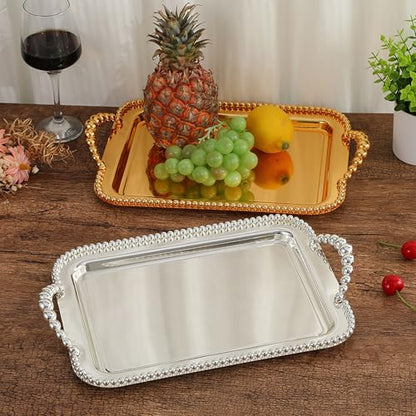 Asixxsix Metal Serving Tray, 16.5 x 11.0 inch Rectangular Stainless Steel Food Serving Tray European Retro Style Mirror Coffee Table Dessert Platter for Buffet Wedding Party (Gold) - color: Gold