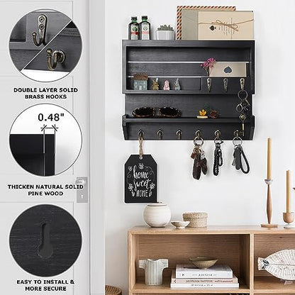 Innovation Premium Pine Wood Key Holder for Wall - Handcrafted Mail Organizer & Wall Mount Key Holder with 9 Sturdy Hooks, Finely Sanded & Hand-Sprayed Entryway Decor, Black