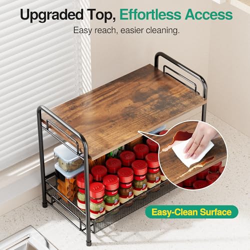 Spice Rack Organizer for Countertop with Wood Top, 2-Tier Foldable Metal Rust-Proof Standing Large Seasoning Storage Shelf with Guardrail & Mesh Design for Kitchen Cabinet Living Room, Black - size: Black-1 pack (with Wood Top)