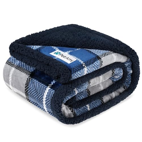 PetAmi Waterproof Dog Blanket for Small Puppy Cat, 29x40, Plaid Light Grey | 460 GSM Sherpa Fleece Reversible, Pee Proof Pet Blanket, Furniture Protector Cover for Couch Sofa Kennel Crate, Washable - color: Plaid Navy, size: Medium 29 X 40 Inches
