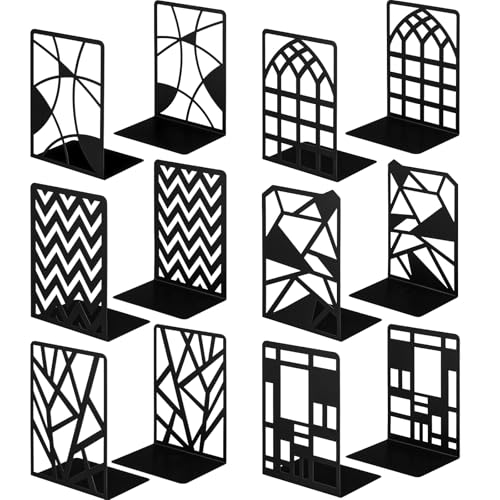 Feifeiya 6 Pairs Decorative Book Ends Metal Bookends for Shelves Black Metal Heavy Duty Book Ends Holder Supports Stoppers for Home Office School, 6.9x4.9x3.5”(Geometrical) - style: Geometrical