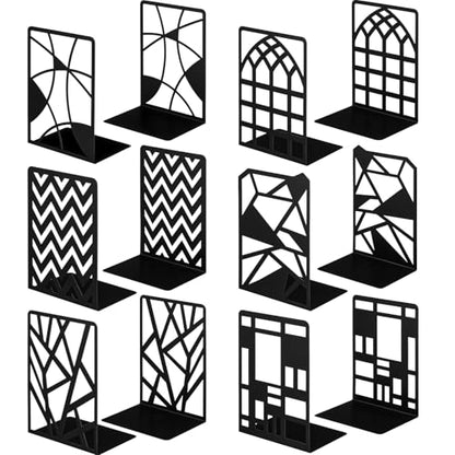 Feifeiya 6 Pairs Decorative Book Ends Metal Bookends for Shelves Black Metal Heavy Duty Book Ends Holder Supports Stoppers for Home Office School, 6.9x4.9x3.5”(Geometrical) - style: Geometrical