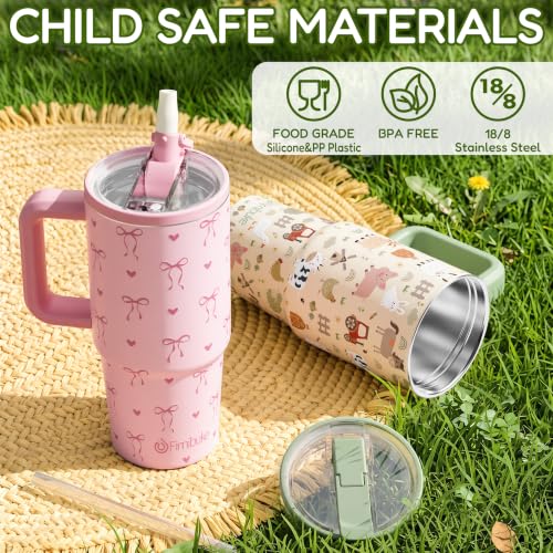 Fimibuke 20oz Kids Insulated Tumbler with Handle, Toddler Water Bottle | Leakproof 18/8 Stainless Steel Cups w/ Flip Straw Lid & Silicone Straw, BPA Free Water Bottle Kids School Gift for Boys Girls - color: Dinosaur & Monster Trucks