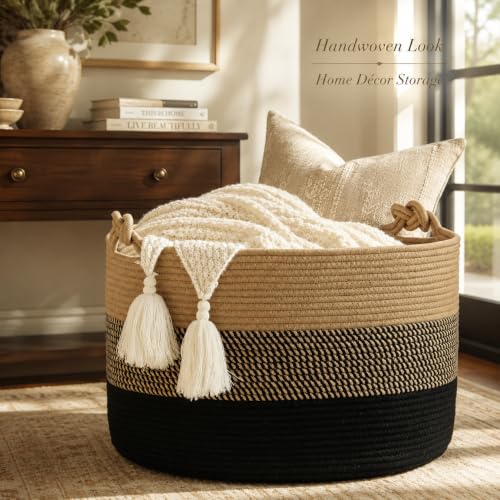 KAKAMAY Large Blanket Basket (20"x13"),Woven Rope Baskets for storage Baby Laundry Hamper, Cotton Rope Blanket Basket for Living Room, Laundry, Nursery, Pillows,Baby Toy chest (Jute/Black) - color: Black