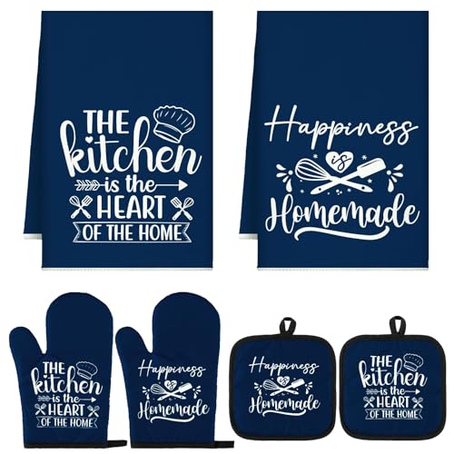 Sratte 6 Pcs Kitchen Decor Accessories Set, Kitchen, Blue | Farmhouse Kitchen Towels Pot Holders Oven Mitts Set 2 Dish Towels 2 Potholders 2 Cooking Mittens for Baking Cooking Supply - color: Blue, style: Kitchen