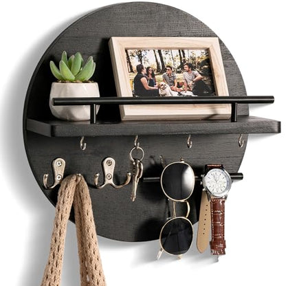 dreampossible Key Holder for Wall Decorative with Shelf and Hooks, Mail Organizer Wall Mount, Circular Design Entryway Key Rack Hanger, Rustic Home Decor (Black)