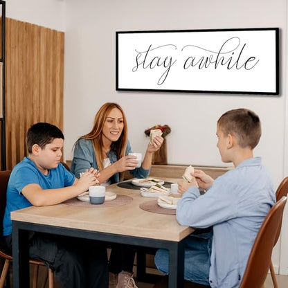 Rutiyoka Stay Awhile Sign Framed Farmhouse Dining Room Wall Decor Large 42"×15" Wood Kitchen Wall Art Black - color: stay awhile (black frame)