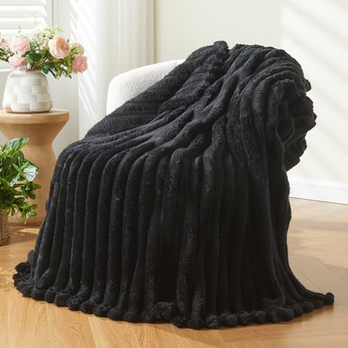 NEWCOSPLAY Fleece Ribbed Cozy Twin Blanket for Couch, Black, 60"x80" | Premium Silky Flannel Blanket, Soft Lightweight Fluffy Throw Blanket for Bed Sofa Decor, Gift for All Season Use - color: Black Ribbed, size: Twin(60"x80")
