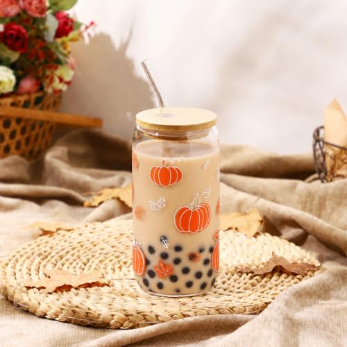 Fall Pumpkin Glass Cup Thanksgiving Halloween Autumn Gifts | Iced Coffee Glass Cups with Lid and Straw Mug Tumbler Presents for Women Teen Girls Harvest Festival Basket Stuff 16oz - style: Pumpkin
