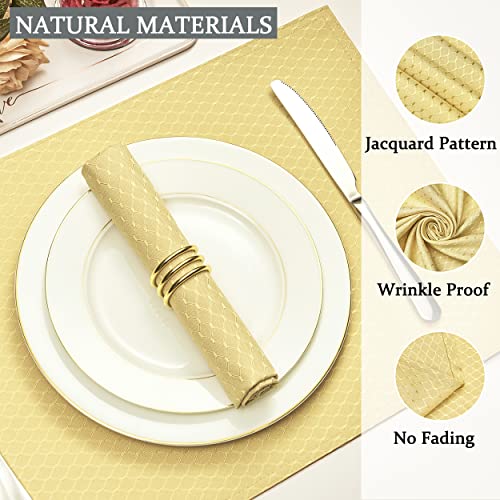 Gold A Jacquard 17x17 Square Polyester Cloth Napkins Set of 8 | Waterproof, Stain Resistant, Shrink Proof, Washable, fabric, Outdoor, Dining, Wedding, Kitchen, Party, Banquet, Reusable - color: Gold a