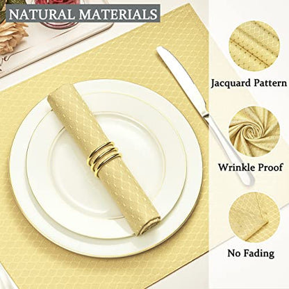 Gold A Jacquard 17x17 Square Polyester Cloth Napkins Set of 8 | Waterproof, Stain Resistant, Shrink Proof, Washable, fabric, Outdoor, Dining, Wedding, Kitchen, Party, Banquet, Reusable - color: Gold a
