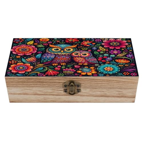 Colorful Owls Floral Wooden Storage Box Decorative Keepsake Box with Metal Lock Vintage Organizer Container Jewelry Photo Letter Memory Box Rustic Home Desk Storage Gift Box - color: Colorful Owls Floral