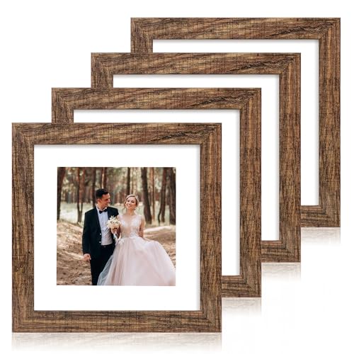 iRahmen 8x8 Picture Frame Set of 4 with HD Glass, Display 6x6 Pictures with Mat or 8 x 8 Without Mat, Rustic Wood Photo Frame for Wall Mount and Tabletop Display - color: Brown, size: 8X8