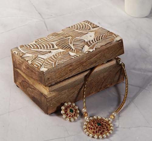 Mother's Day Wooden Hand White Wash Leaf Design Jewelry Storage Box Holder | Tarot Card Trinket Keepsake Wooden Storage Box Perfect Gifts for Women 6x4x2.5 Inch