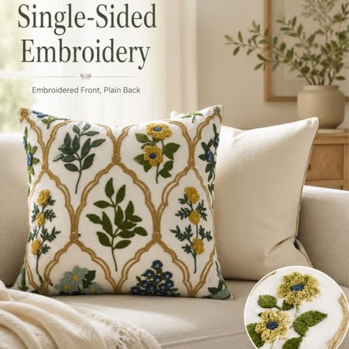 YIcabinet Pillow Covers Set of 2, Embroidered Leaf Flower Pattern Throw Pillow Cover,Square Cotton Cushion,Pillow Case for Sofa Bedroom Couch,18"x18" - color: Green05
