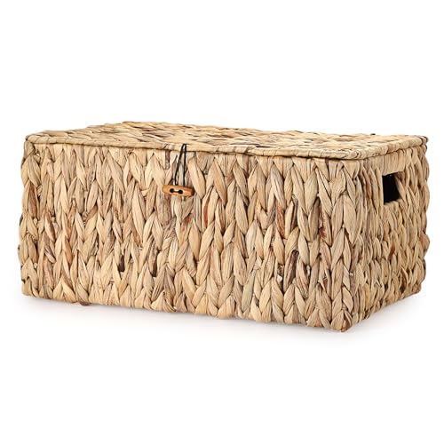 Large Wicker Basket with Lid, Natural Water Hyacinth Storage Baskets with Built-in Handles Woven Decorative Box for Shelf Pantry Laundry, Home Organizer, 15.7"x11"x7.5" - size: 15.7"L x 11"W x 7.5"H