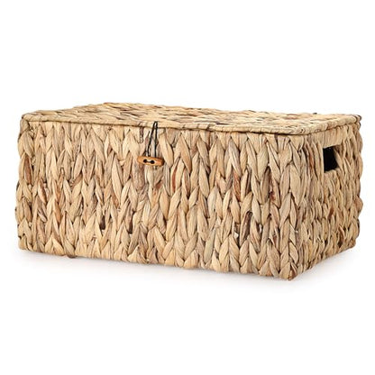 Large Wicker Basket with Lid, Natural Water Hyacinth Storage Baskets with Built-in Handles Woven Decorative Box for Shelf Pantry Laundry, Home Organizer, 15.7"x11"x7.5" - size: 15.7"L x 11"W x 7.5"H