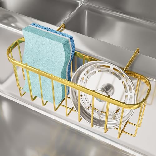 SWTYMIKI Sponge Holder for Kitchen Sink, Kitchen Sink Caddy Rustproof Sponge Caddy for Hanging 1.5” Middle Divider Double Bowl Sinks, No Suction Cups, Gold - color: Gold