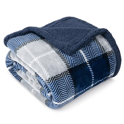 PAVILIA Twin Plaid Sherpa Throw Blanket for Couch Sofa Bed, Navy, 60x80 | GSM 460; Soft Plush Flannel Fleece; Warm&Cozy for Home; Machine Washable, Perfect Cabin Decor Winter Holiday Christmas Gift - color: Plaid Navy, size: 60 x 80 Inches