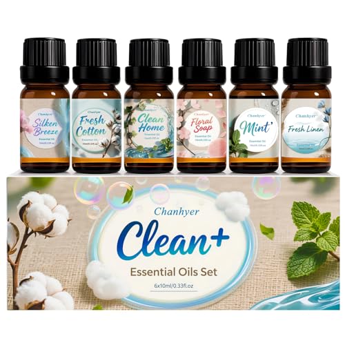 Clean Essential Oils Set for Diffusers for Home 6x10ml | Fresh Linen,Mint,Clean Home,Silken Breeze,Fresh Cotton,Floral Soap for Diffuser,Home Fragrance,Candle,Soap Making - color: White
