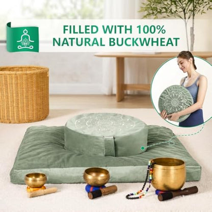 Hihealer Meditation Cushion, Traditional Tibetan Meditation Pillow Velvet Cover - Large Floor Cushion Seating for Adults - Yoga Buckwheat Bolster for Women、Moms - color: Serenity Green(set)