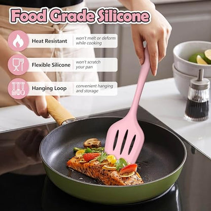 LIANYU 14 Pcs Silicone Cooking Utensils Set with Holder, Pink | Kitchen Utensils Set for Non-Stick Cookware, 446°F Heat Resistant Cooking Tools with Comfort Grip Handle, Dishwasher safe - color: Pink