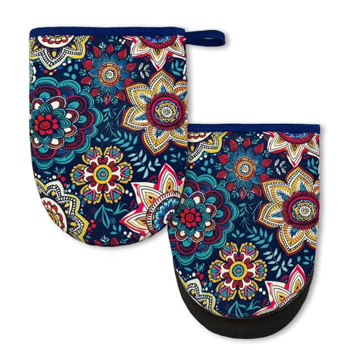 Boho Floral Mini Silicone Oven Mitts 2-Pack Set, Heat Slip Resistant Kitchen Gloves, Soft Short Oven Mittens for Safe Cooking Baking Grilling - color: Boho Floral