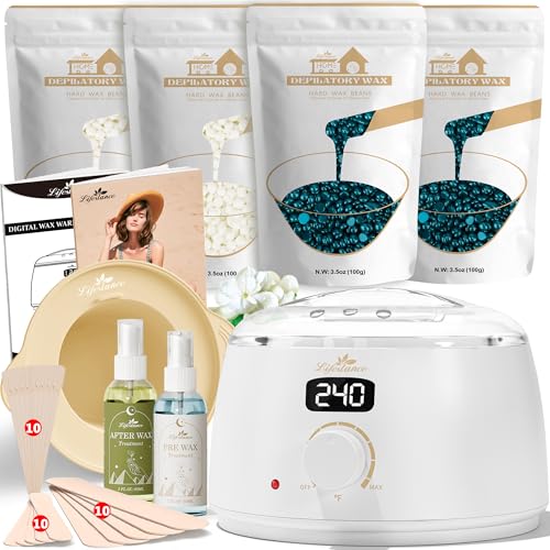 Lifestance L3 Waxing Kit for Women & Men - White - Digital Wax Pot | 400g Wax Beads, Silicone Wax Liner & Oil Spray Hair Removal Kit, Professional for Home Brazilian Bikini Face Leg Body - color: Enhanced LCD (White) Kit