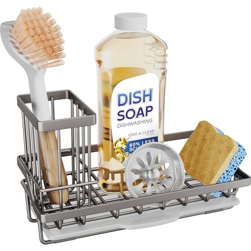 SWTYMIKI Sink Caddy Sponge Holder - Kitchen Sink Organizer with High Brush Holder for Countertop to Hold Dish Soaps and Sponges, Stainless Steel, Sand Nickel - color: Sand Nickel, size: Medium
