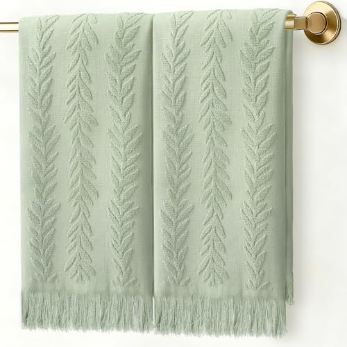 JarThenaAMCS 2Pcs Sage Green Leaves Hand Towels with Tassel Eucalyptus Jacquard Cotton Bath Towel Farmhouse Decorative Dish Towel for Spring Summer Bathroom Kitchen Decor, 13.8 x 29.5 Inch - color: Sage Green