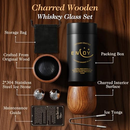 Charred Wooden Bourbon Drinking Glass Set with Whiskey Ice Stones & Tongs, 2 Pack 10oz Oak Wooden Bourbon Glass, Artisan Oak Whiskey Cups for Bourbon Lovers, Unique Whiskey Gift for Dad, Men, Husband