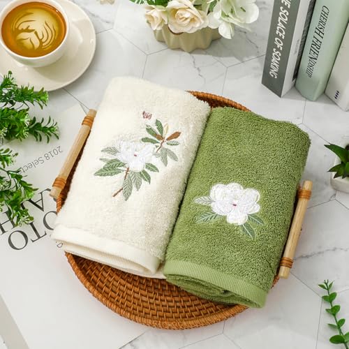 JarThenaAMCS 2 Pack Magnolia Hand Towels Nude Sage Green Flower Embroidered Cotton Dish Towel for Bathroom Hand Drying Kitchen Cleaning, 29.5 x 13.7 Inch