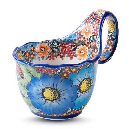 High-Fired Stoneware Loop-Handle Mug - 18oz Food-Safe Ceramic Soup Bowl, Hand-Painted Floral Design, Microwave & Dishwasher Safe Coffee Mug for Breakfast, Oatmeal & Soup - color: Blue Daisy Garden