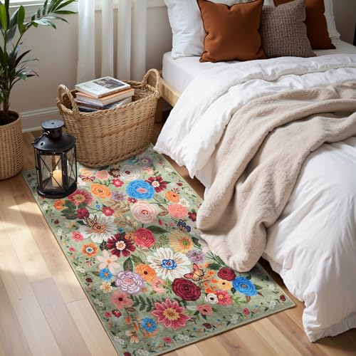 Green Floral Hallway Runner Rug 2x4 for Bedroom Kitchen | Rubber Backing; Non Slip; Soft;Machine Washable; Ideal for Bathroom, Entryway, Laundry Room - color: Green, size: 2' x 4' (Rectangular)