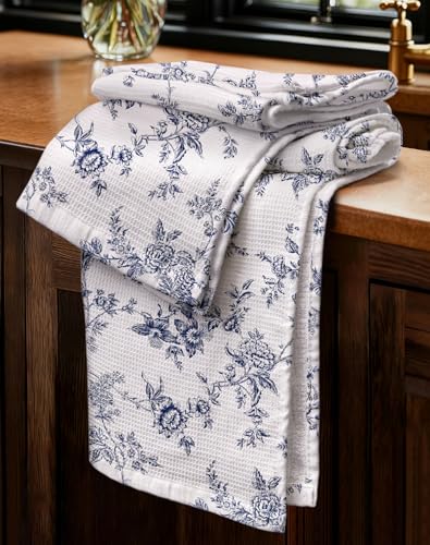 2pcs Cotton Waffle Kitchen Towels, Toile Print | Waffle Weave, Terry Cloth, Pure Cotton, Sustainable, 16"x26", Highly Absorbent, with Hanging Loop, Giftable Package - color: Toile Print
