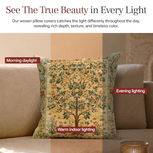 William Morris Tree of Life Light Tapestry Throw Pillow Cover 18 x 18 in - color: Beige,brown,white,green,red