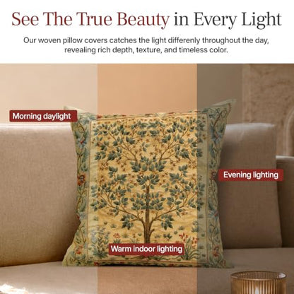 William Morris Tree of Life Light Tapestry Throw Pillow Cover 18 x 18 in - color: Beige,brown,white,green,red
