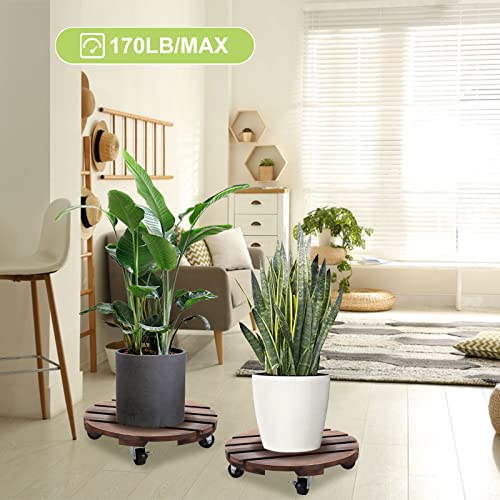 HOHY 2PCS Plant Caddy 12" Plant Stand with Wheels Wood Rolling Plant Stand | Plant Dolly Rollers with 360° Metal Lockable Casters, Heavy Duty Planter Caddies, Easy to Move, 240 Lb Capacity