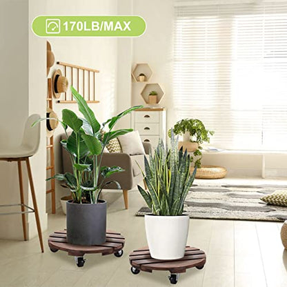 HOHY 2PCS Plant Caddy 12" Plant Stand with Wheels Wood Rolling Plant Stand | Plant Dolly Rollers with 360° Metal Lockable Casters, Heavy Duty Planter Caddies, Easy to Move, 240 Lb Capacity